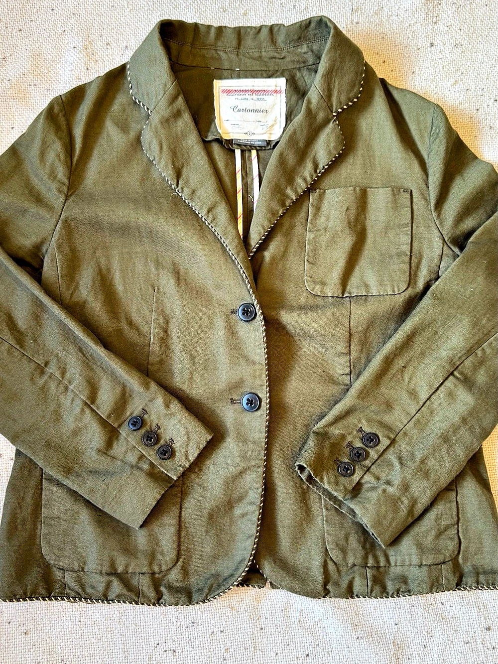 Anthropologie Cartonnier Piped Boy Blazer Olive Green Cotton Linen Jacket